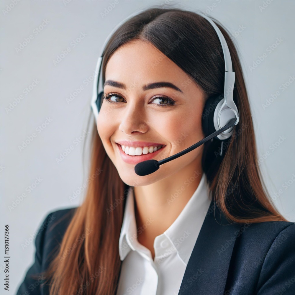 Smiling Woman Wearing a Headset in a Call Center on a White Background Smiling Woman Wearing a Headset in a Call Center on a White Background