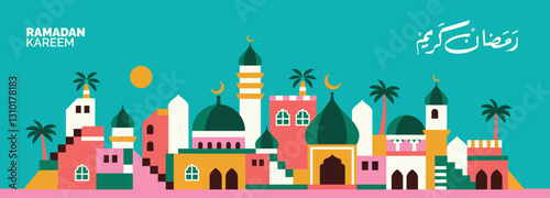 colorfull ramadan kareem geometric landscape pattern with arabic city and various brightly colored islamic icons