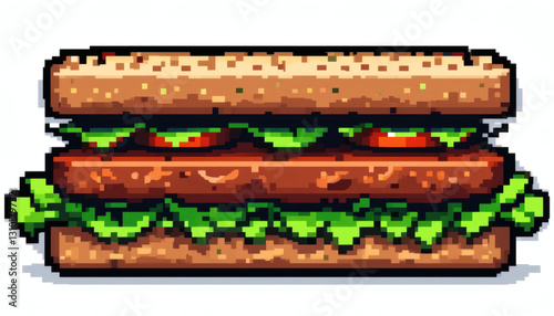Retro 8-bit pixel sandwich with lettuce, tomato, and meat layers in bold colors, isolated on a white background for a nostalgic culinary design.