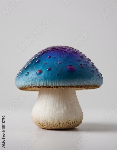 A single mushroom with a colorful blue top standing against a white background.