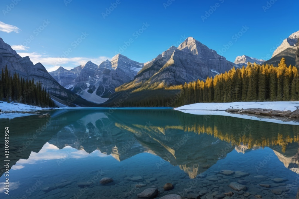 mountains reflected in a lake with rocks and snow mountains reflected in a lake with rocks and snow