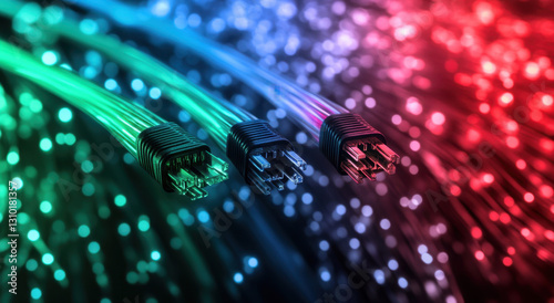 Fiber optic cables in striking green, blue, and red hues connect along a dark background, showcasing their role in high-speed data transfer and modern communication systems