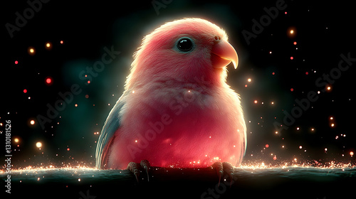 Glowing Rose-breasted Bird Portrait on dark Backdrop with Sparkles Effect
