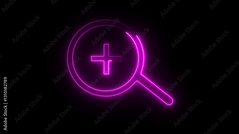 Zoom in neon icon glowing Magenta color animation black background. Magnifying glass icon with plus isolated animation. Magnification glass, Search engine optimization. Zoom in neon icon glowing Magenta color animation black background. Magnifying glass icon with plus isolated animation. Magnification glass, Search engine optimization.
