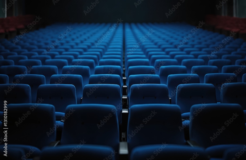 Fototapeta premium Close up of cinema auditorium interior with blue velvet chairs rows. No people. Empty seats in modern theatre hall movie stage before showtime, presentation or performance.
