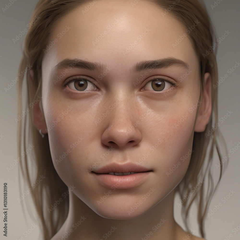A highly detailed, hyper-realistic close-up portrait of an AI-generated human face. This digital artwork features lifelike skin textures, expressive eyes, and natural lighting.