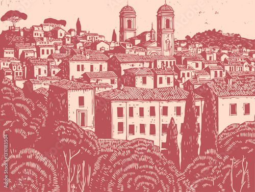 Vector illustration of a Mediterranean hillside town in monochrome red tones. Detailed cityscape shows clustered buildings, church towers, and cypress trees 