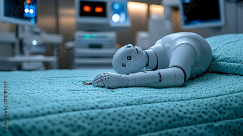 Android Droid experiencing sadness in a hospital bed futuristic concept
