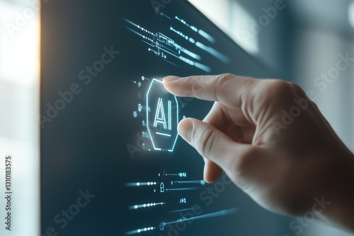 A human hand interacting with a futuristic AI-powered digital interface on a sleek touchscreen display.
