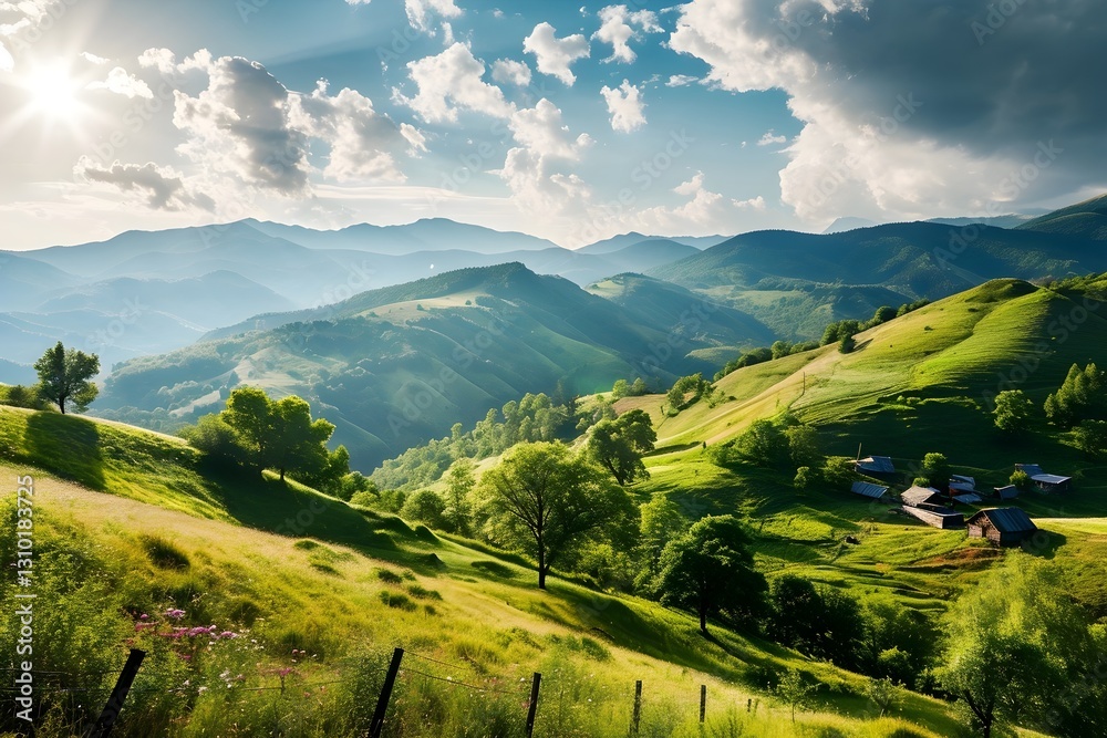 Obraz premium Rolling Hills under the Sky: A breathtaking vista of verdant rolling hills, bathed in the warm glow of the sun under a vibrant, cloudy sky, evokes feelings of peace and serenity.