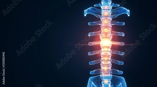 A digital representation of a human spine, highlighting the vertebrae and intervertebral discs with glowing effects against a dark background.