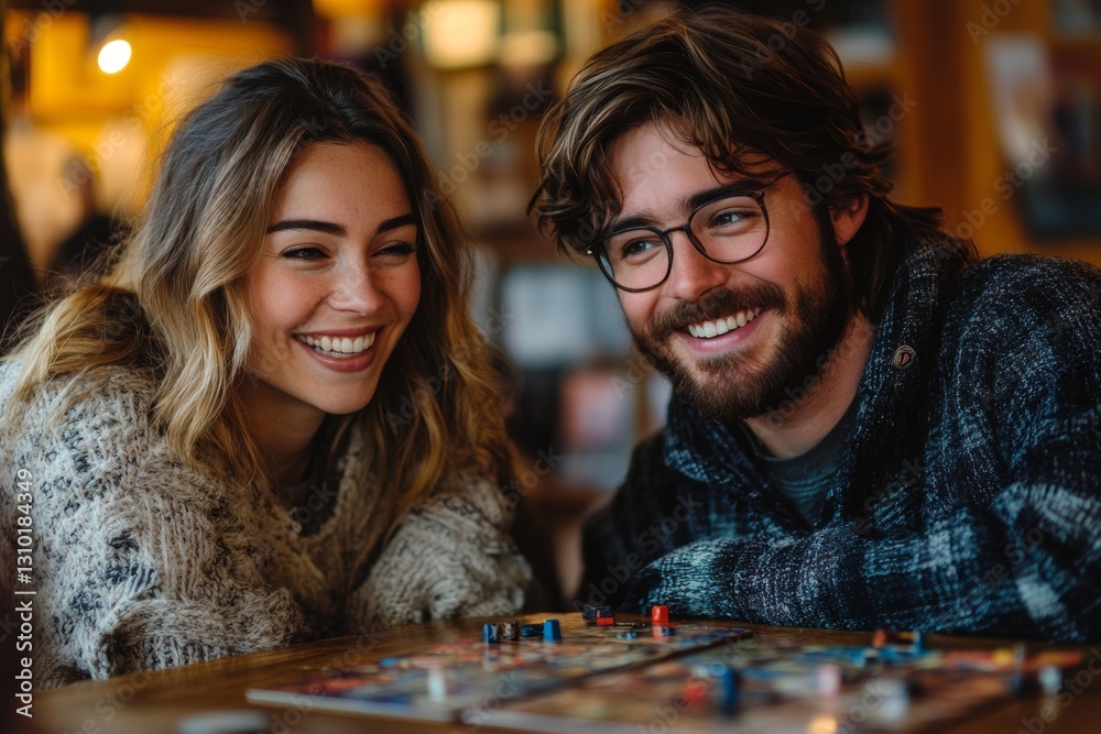 Fototapeta premium Friends playing board game in cozy living room with warm lighting
