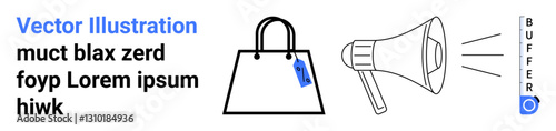 Shopping bag with price tag, loudspeaker amplifying message, and slider representing social media scheduling. Ideal for retail, marketing, advertising, e-commerce, branding social media. Flat