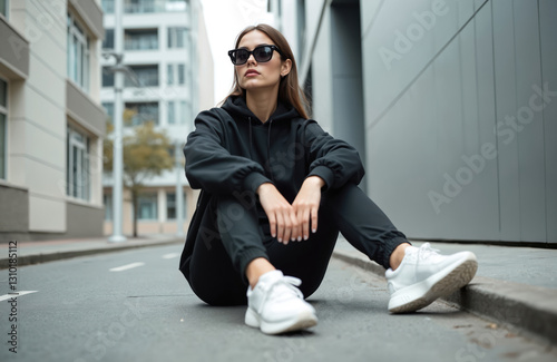 Stylish young woman with trendy sunglasses in black sports outfit with white sneakers sits on the street near gray building. Modern urban fashion, casual clothing concept.