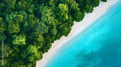 Majestic Aerial View of Tropical Shoreline: Where Forest Meets Azure Ocean