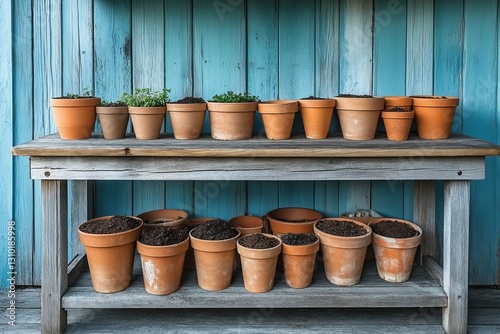 Organized wooden potting bench with essential gardening supplies