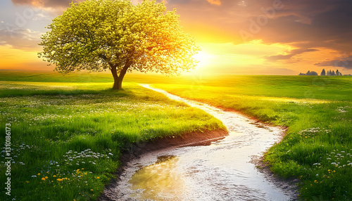 Luminous landscape featuring winding stream, verdant meadow, and solitary tree