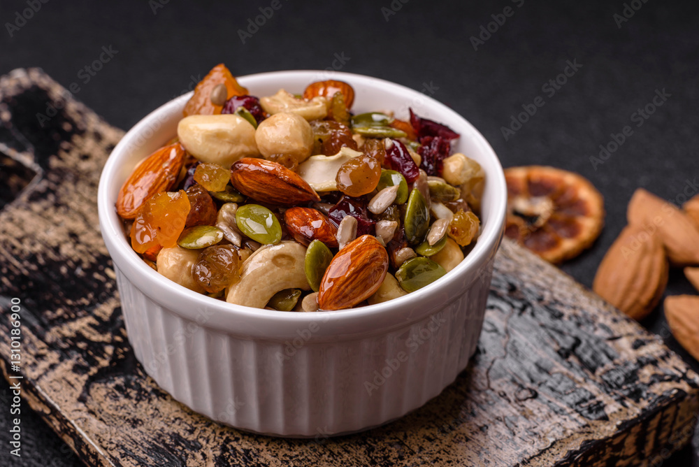 Honeyed cashew nuts, walnuts, hazelnuts, pine nuts and dried fruits Honeyed cashew nuts, walnuts, hazelnuts, pine nuts and dried fruits