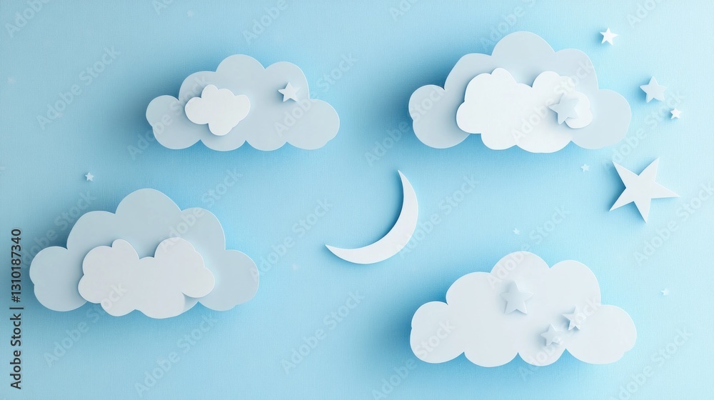 Light blue sky with paper clouds, moon, and stars Light blue sky with paper clouds, moon, and stars