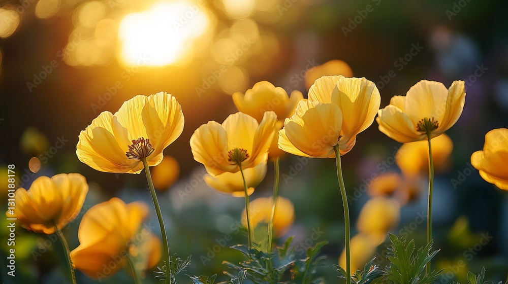 Obraz premium Golden Yellow Poppies Sunset Meadow Summer Bloom Nature Photography Vibrant Flowers Field Beautiful Sunlight Soft Light Warm Colors Floral Image Day 