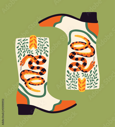 Cowboy boots with Rattlesnake. Cowgirl boots. Western and wild west theme. Cartoon vector illustration for poster, card, banner. 