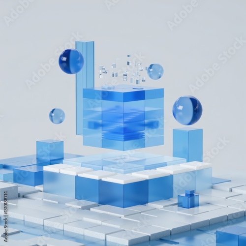 Futuristic 3D Abstract Data Visualization with Translucent Blue Elements