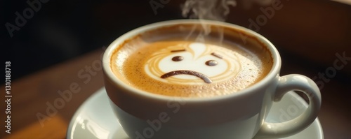 A steaming cup of coffee, a single sad face drawn on the froth , cup, illustration