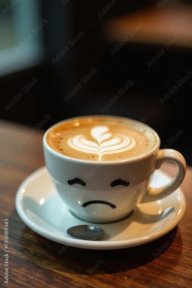 Close-up of coffee with a simple, drawn-on sad face; minimalist style , object, melancholy Close-up of coffee with a simple, drawn-on sad face; minimalist style , object, melancholy