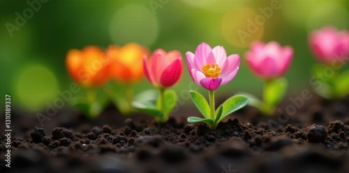 Close-up of delicate flowers being planted in rich soil , close-up, colorful