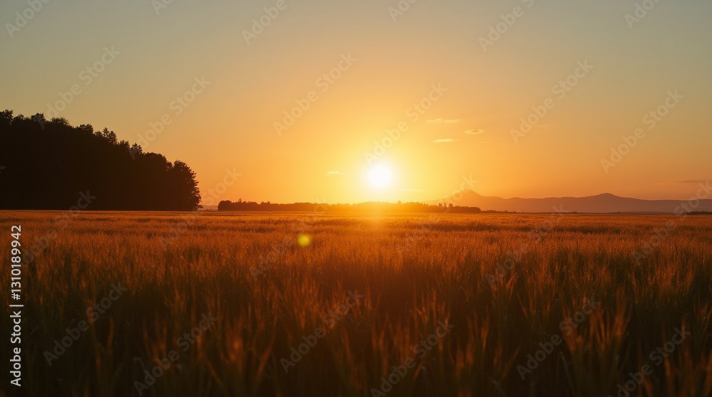 Golden Sunset Over a Vast Wheat Field with a Vibrant Orange Sky Golden Sunset Over a Vast Wheat Field with a Vibrant Orange Sky