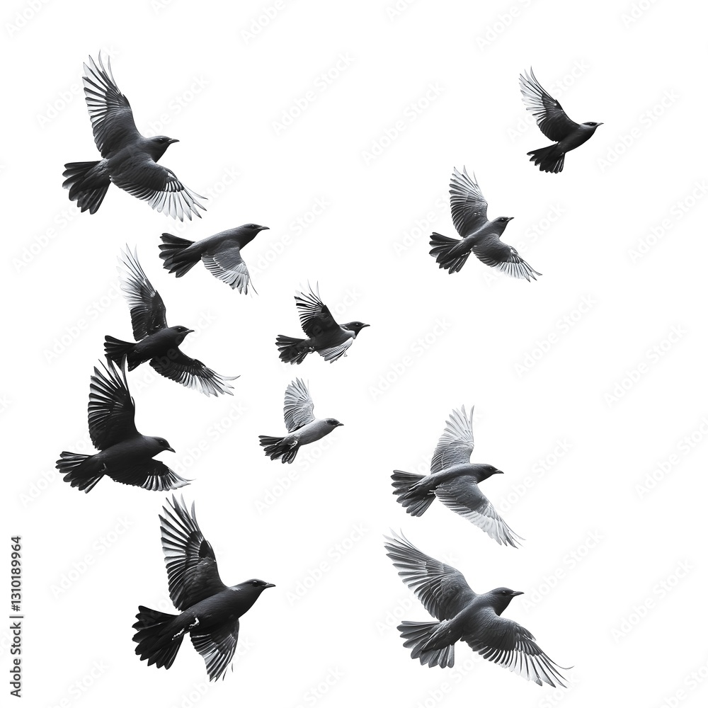 Flock of birds flying in harmony on white background Flock of birds flying in harmony on white background