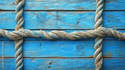 Rope crisscrossing blue wood planks background photo