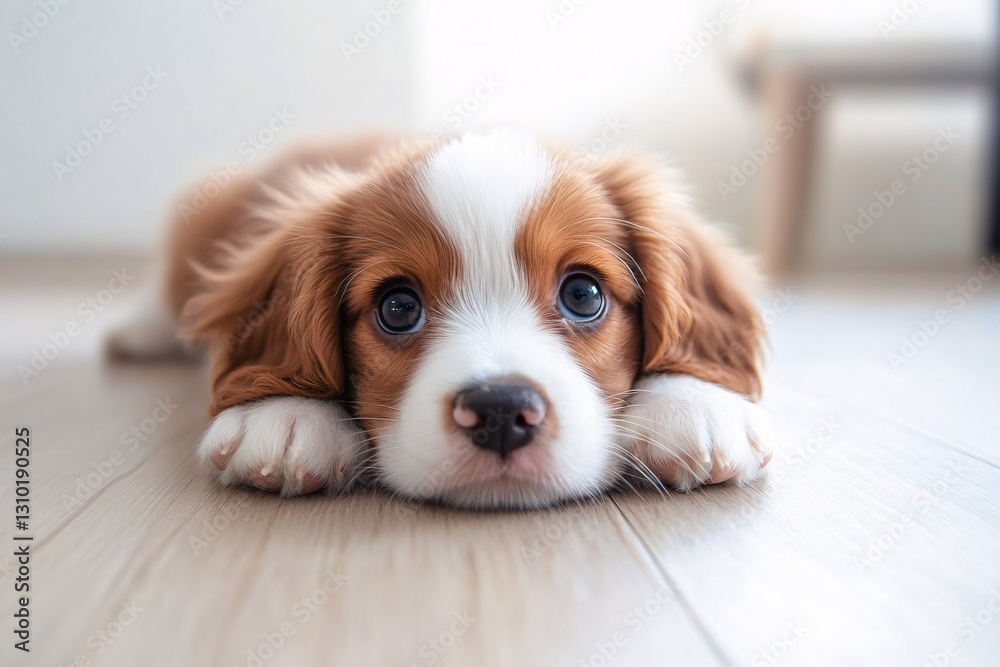 Cute puppy laying on floor indoor space pet photography cozy environment close-up view adorable concept Cute puppy laying on floor indoor space pet photography cozy environment close-up view adorable concept