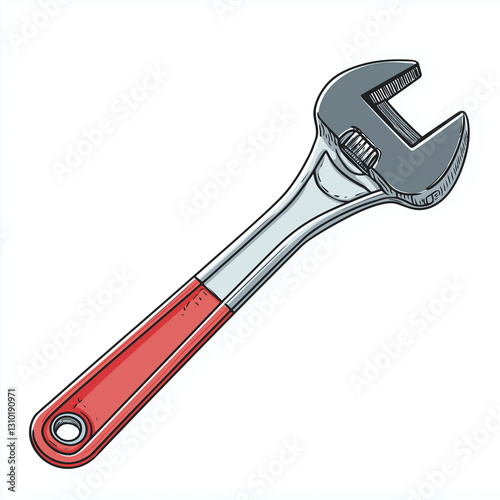 Stylized adjustable wrench with a red handle, designed for tightening and loosening nuts and bolts. Essential tool for repairs and mechanical work photo