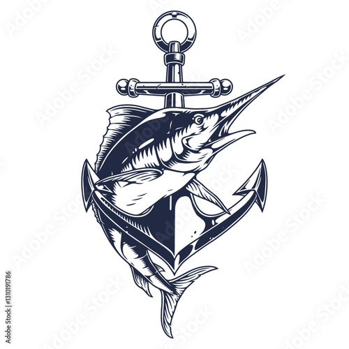 Swordfish leaping from anchor in nautical artwork