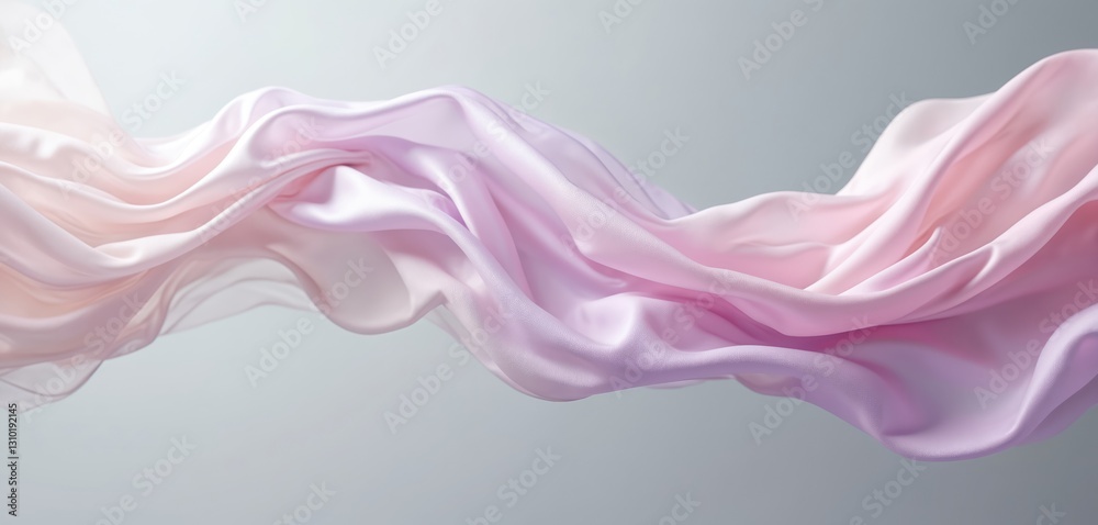 Obraz premium Beautiful silk fabric floats in air. Pastel pink violet shades. Smooth satin cloth background for product presentation template. 3D rendering with copy space. Gentle waves add motion and elegance.