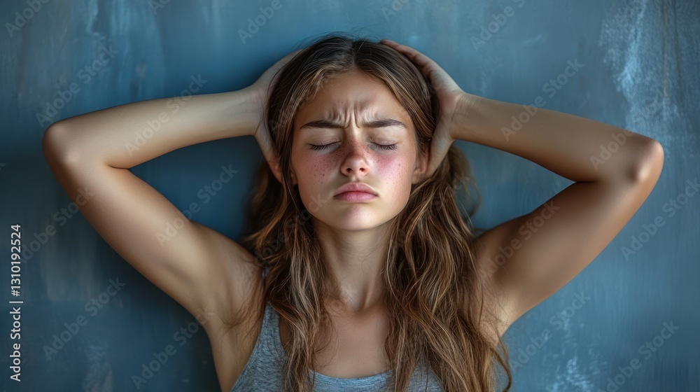 Obraz premium Stressed young woman holding her head against a textured wall.