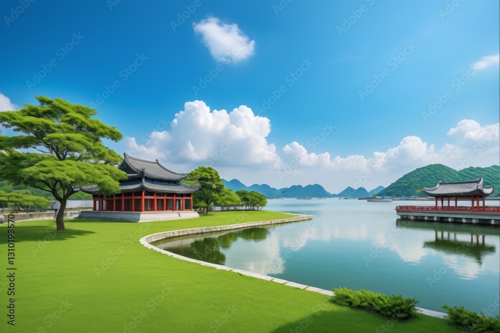 Naklejka premium there is a large pond with a pavilion and a tree in the middle