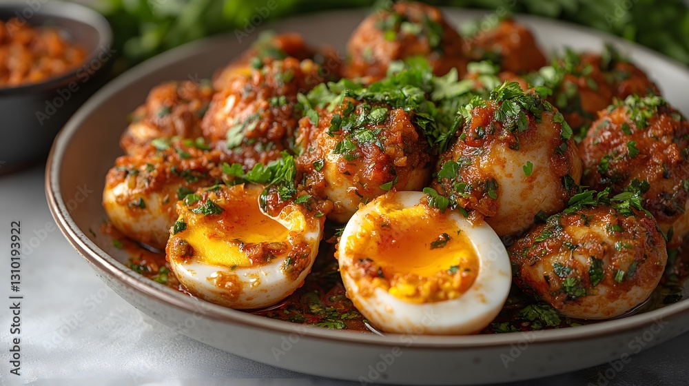 Spicy boiled eggs with herbs and sauce