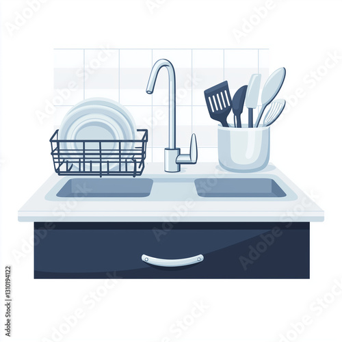 A modern kitchen sink with a stainless steel faucet and dish rack holding clean plates and utensils, representing an organized kitchen workspace