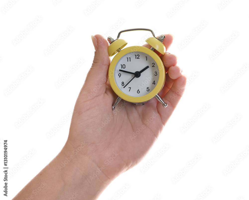 Woman with alarm clock on white background, closeup Woman with alarm clock on white background, closeup