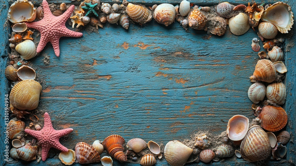 Fototapeta premium Seashells frame beach wood background