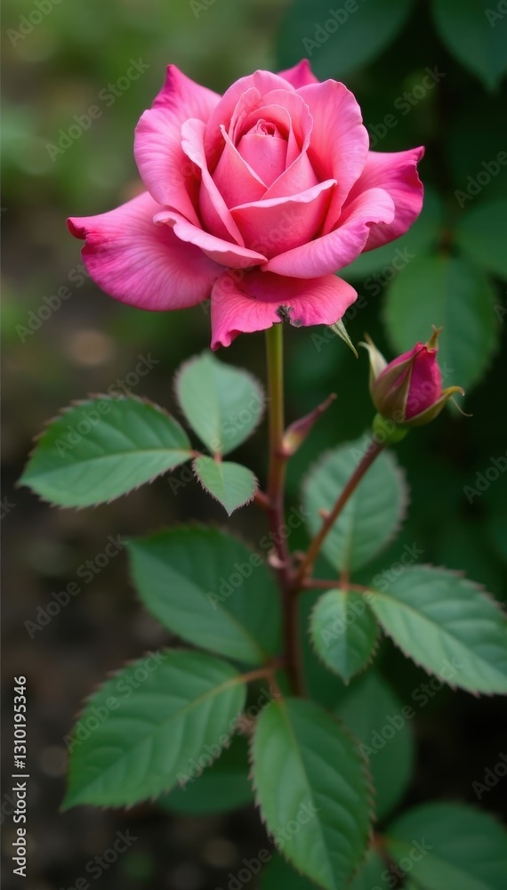 Pink rose, leaves speckled brown, damaged by insects, bloom, damaged leaves, thorns
