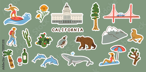 California symbols set. Digital stickers. Vector illustration
