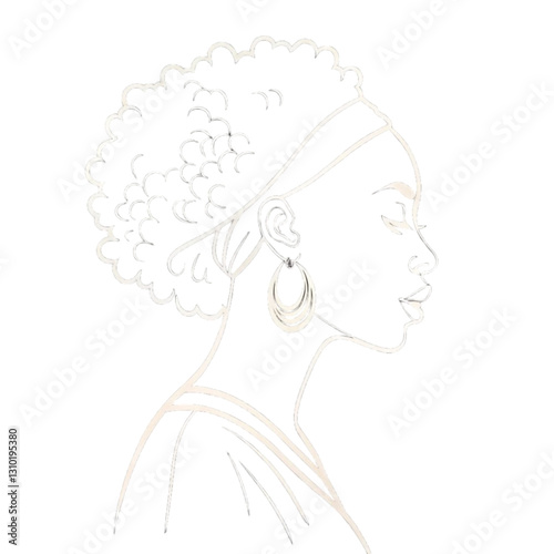 Title: Profile of an elegant African woman in Afro style and with hoop earrings on a light background