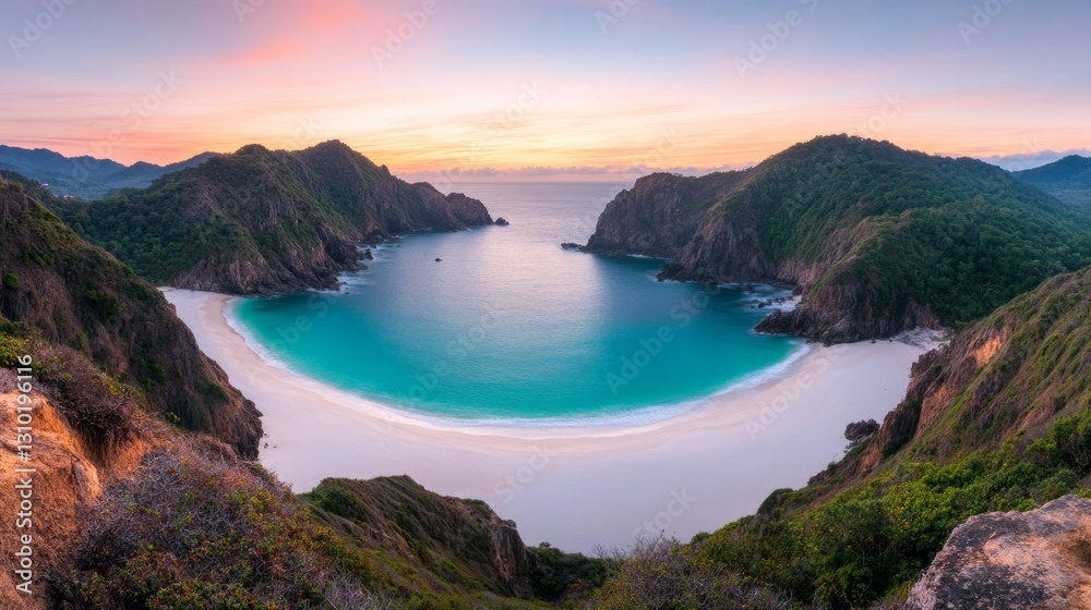 Fototapeta premium Serene Coastal Bay at Sunrise, Dramatic Cliffs, Lush Landscape