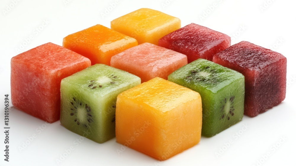 Colorful fruit cubes arranged in a grid pattern.