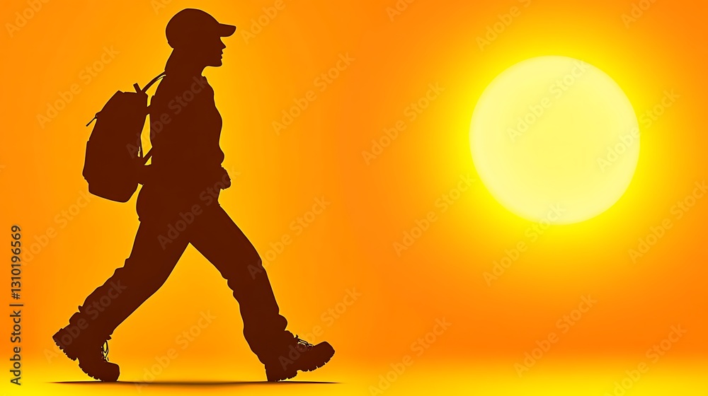 Silhouette of person walking with backpack and bright sunny background Silhouette of person walking with backpack and bright sunny background
