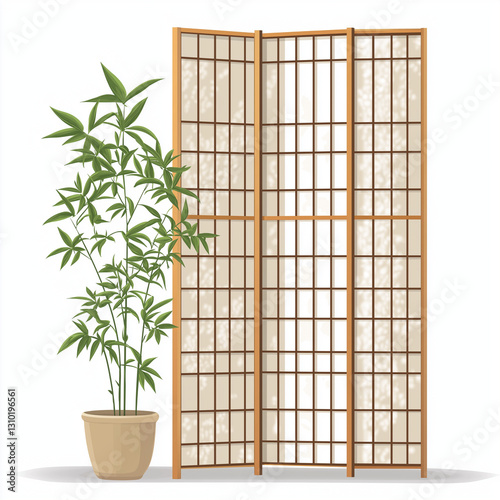 Elegant wooden room divider with a traditional shoji paper design, placed next to a potted bamboo plant. A stylish vector illustration for interior decor and home design themes.