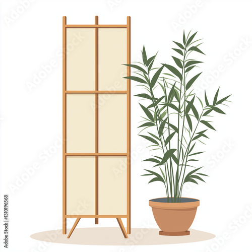 Minimalist wooden room divider screen with a neutral fabric panel, positioned beside a lush potted plant. A modern vector illustration perfect for interior design concepts.